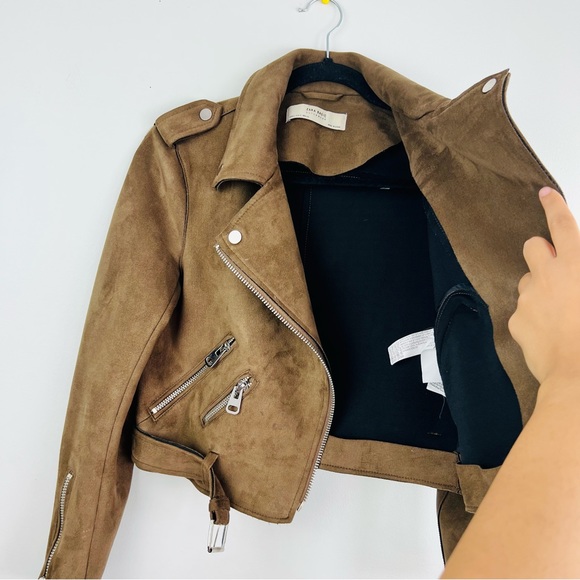 Zara Cropped Suede Effect Moto Biker Zip up Jacket Women brown in colour - Picture 13 of 16